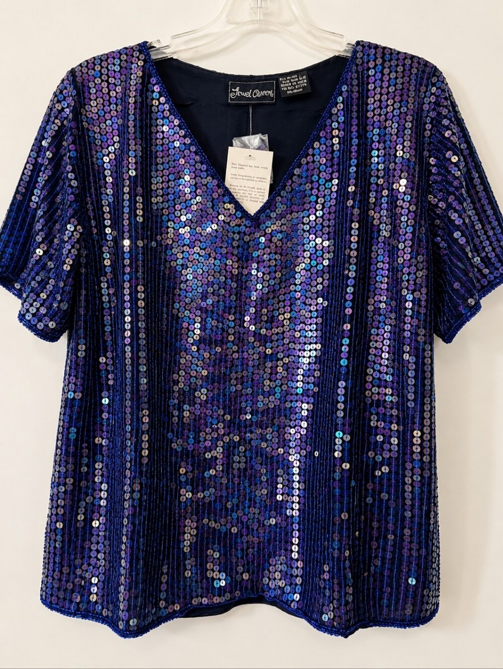 Vintage Jewel Queen 100% Silk Sequin Top Blue Purple Iridescent Handmade NWT M